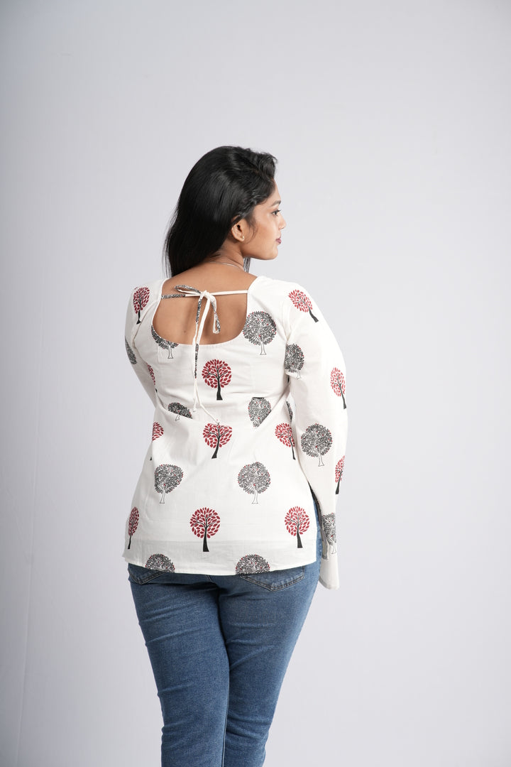 Women's Off-White & Red Tree Cotton Short Kurti