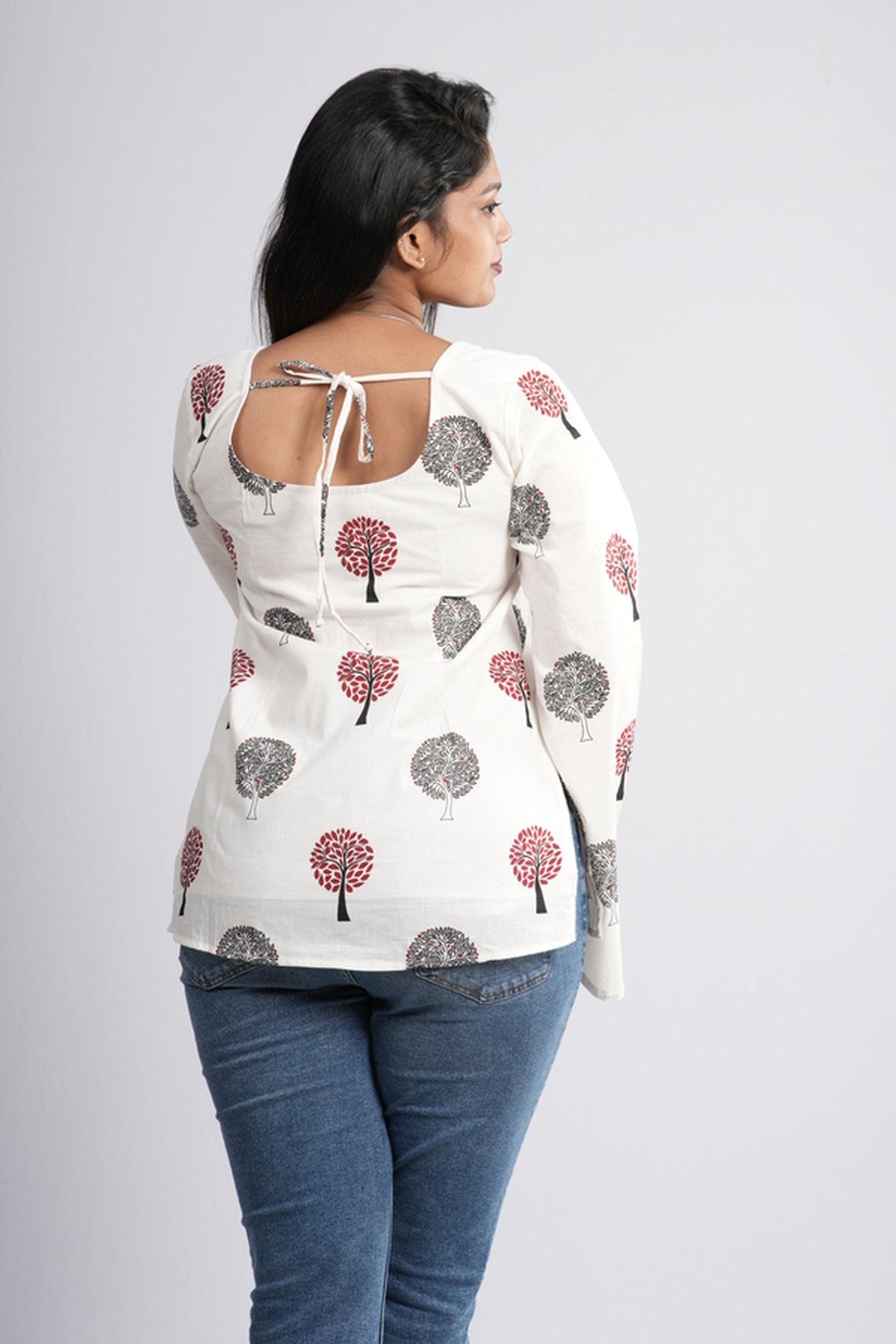 Women's Off-White & Red Tree Cotton Short Kurti