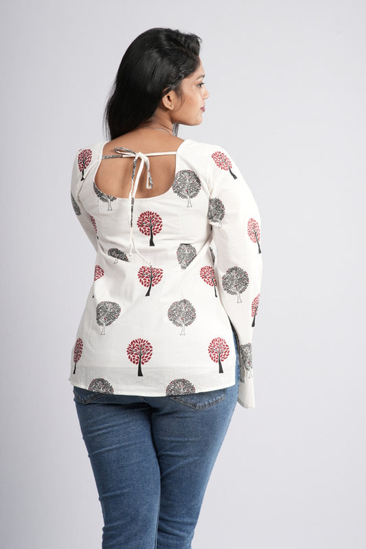 Women's Off-White & Red Tree Cotton Short Kurti