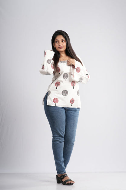 Women's Off-White & Red Tree Cotton Short Kurti