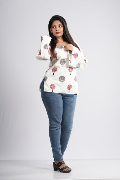 Women's Off-White & Red Tree Cotton Short Kurti