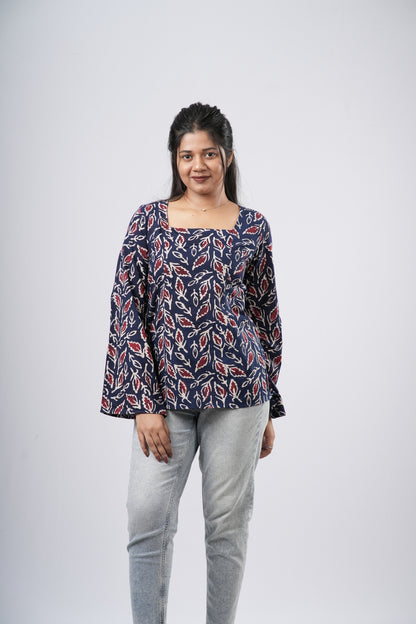 Women's Navy Blue Leaf Handblock Cotton Short Kurti