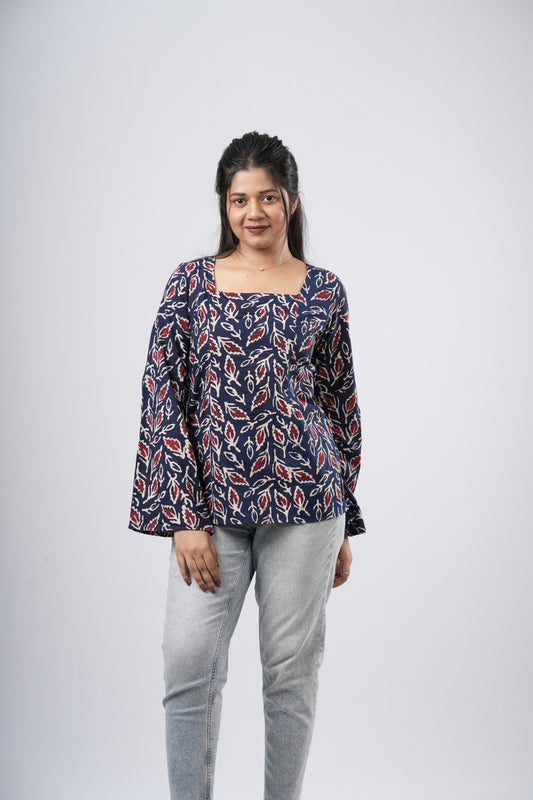 Women's Navy Blue Leaf Handblock Cotton Short Kurti