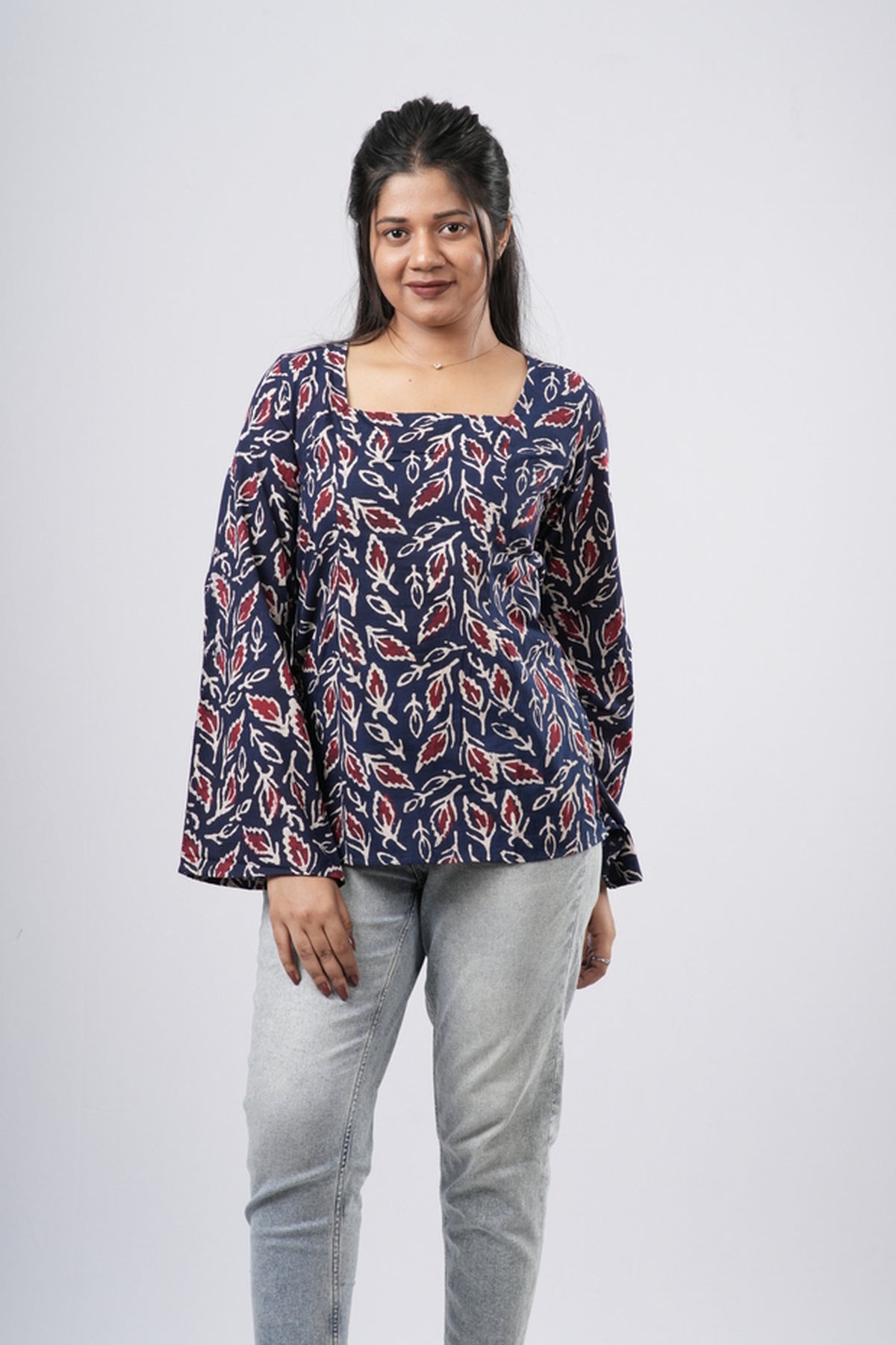 Women's Navy Blue Leaf Handblock Cotton Short Kurti