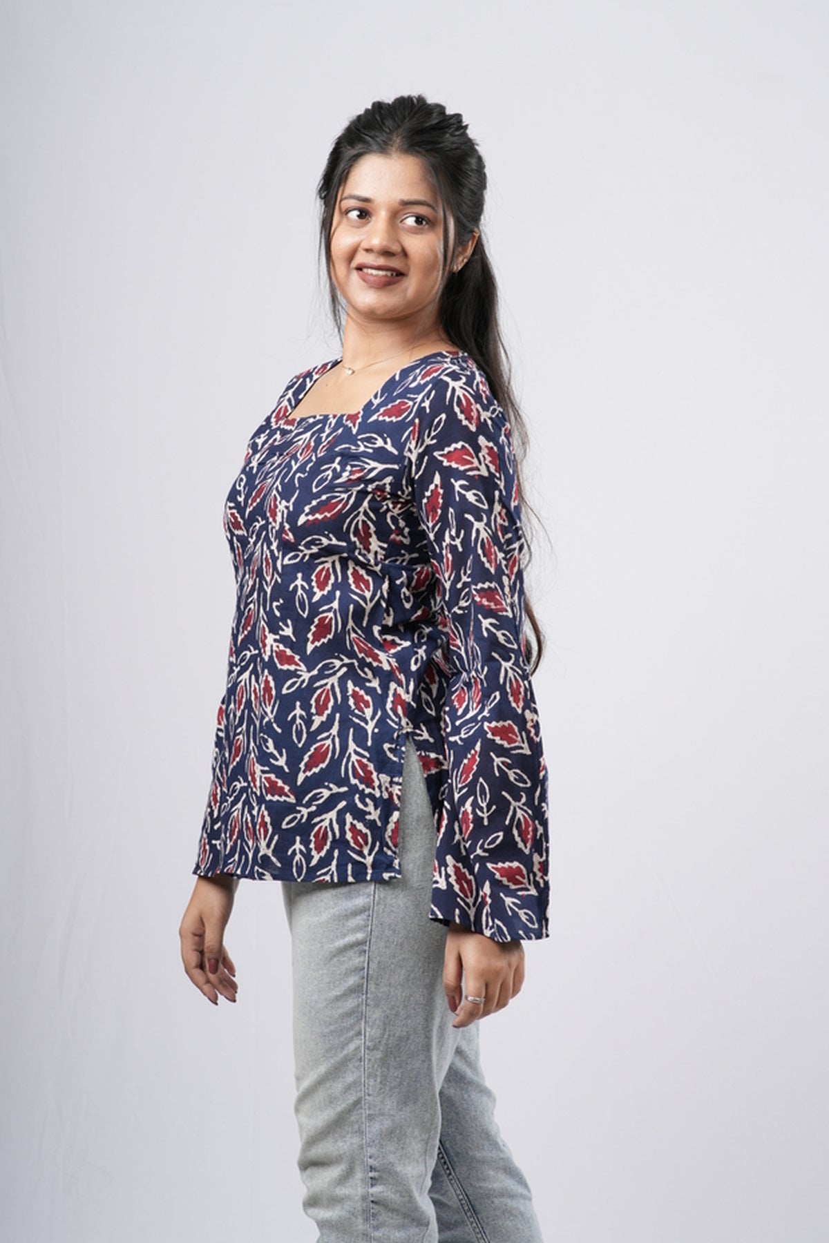 Women's Navy Blue Leaf Handblock Cotton Short Kurti