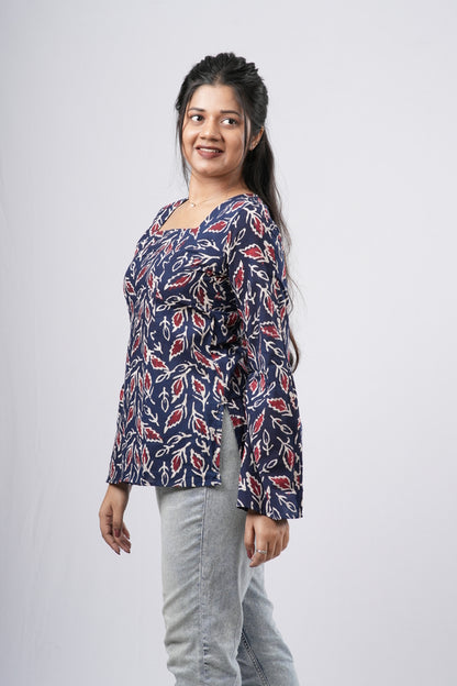 Women's Navy Blue Leaf Handblock Cotton Short Kurti