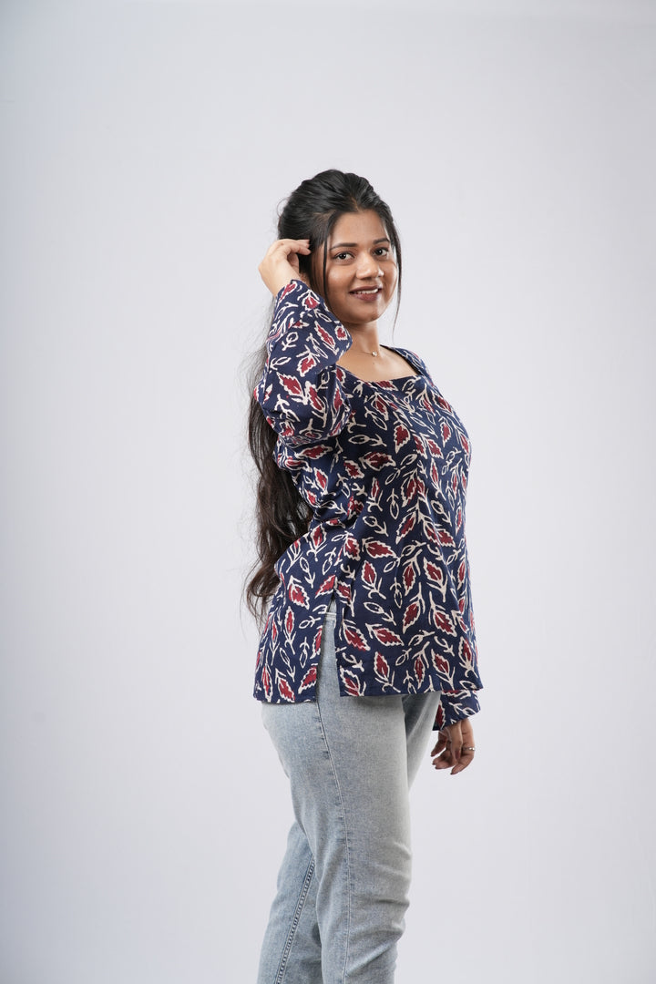 Women's Navy Blue Leaf Handblock Cotton Short Kurti