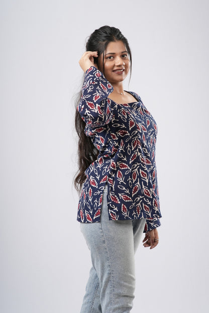 Women's Navy Blue Leaf Handblock Cotton Short Kurti