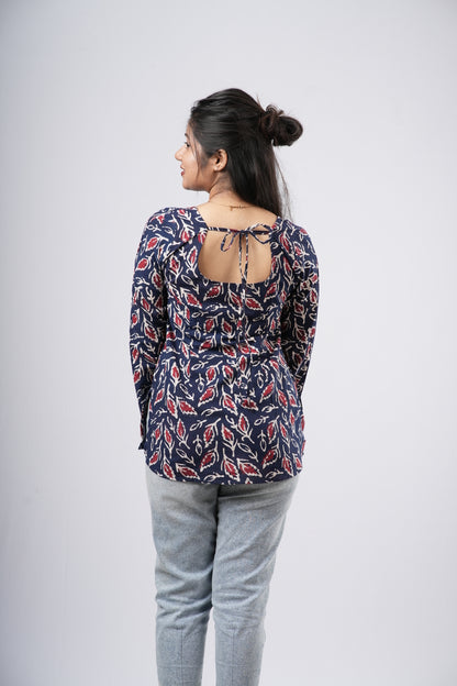 Women's Navy Blue Leaf Handblock Cotton Short Kurti