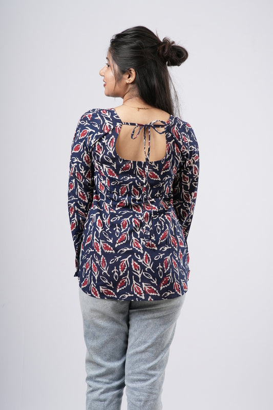 Women's Navy Blue Leaf Handblock Cotton Short Kurti