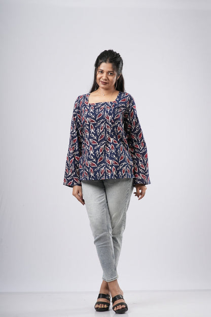 Women's Navy Blue Leaf Handblock Cotton Short Kurti