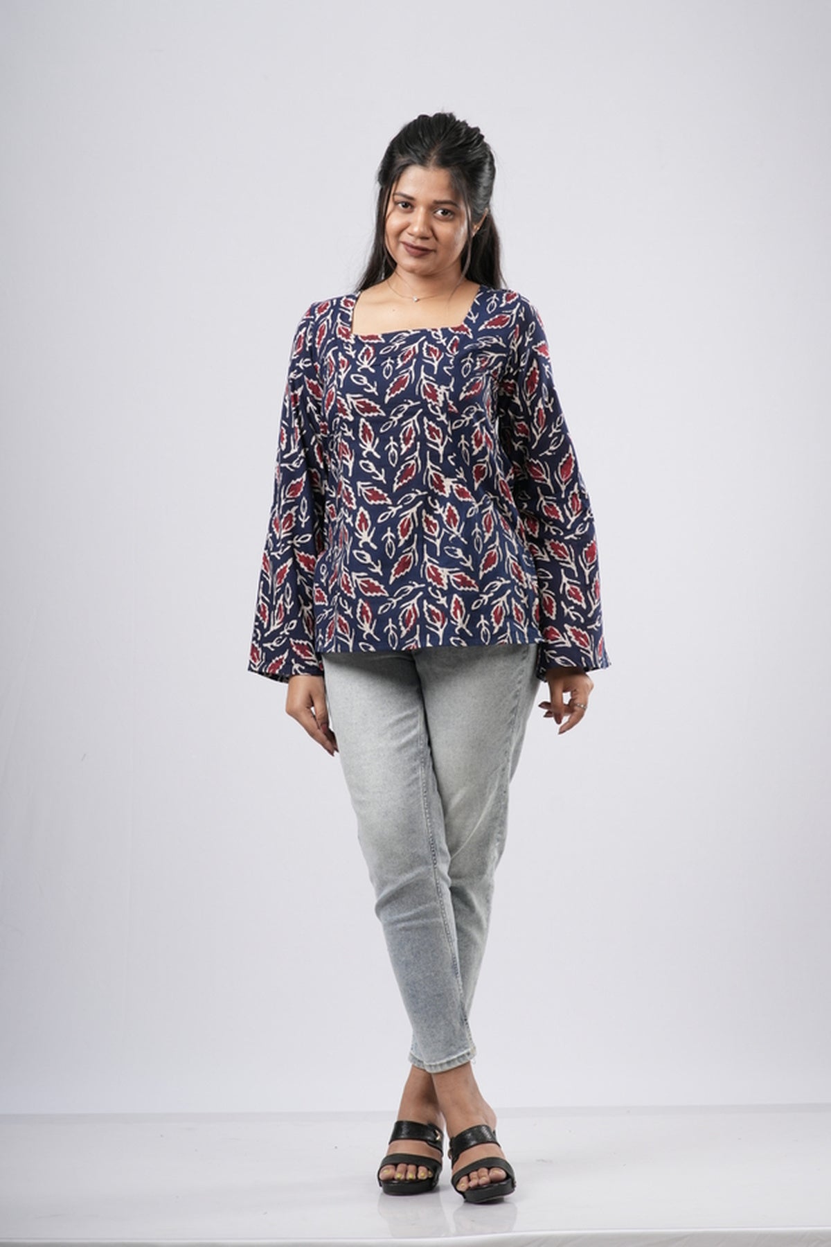 Women's Navy Blue Leaf Handblock Cotton Short Kurti