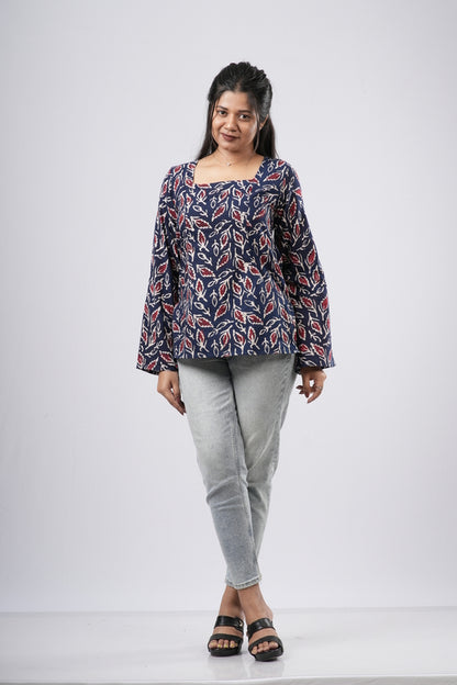 Women's Navy Blue Leaf Handblock Cotton Short Kurti
