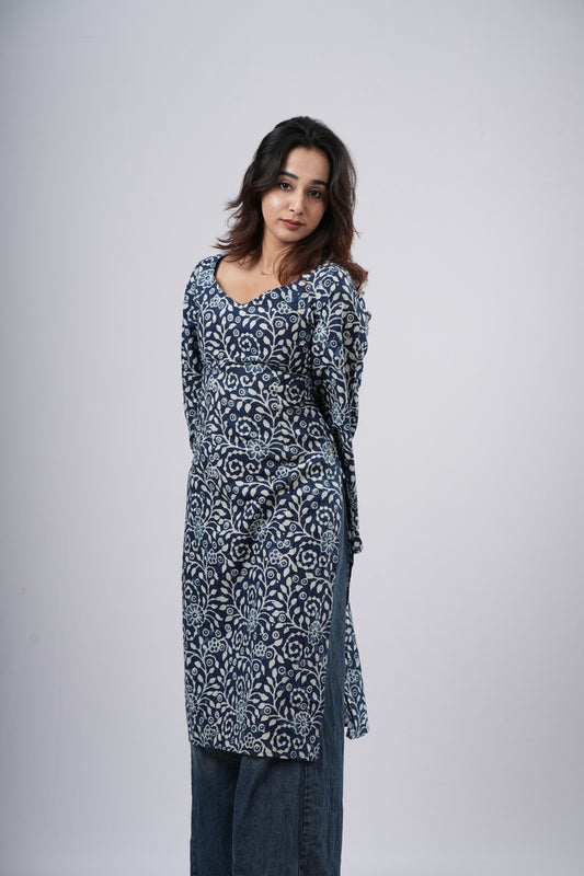 Women's Indigo Blue Floral Jaal Handblock Cotton Long Kurti