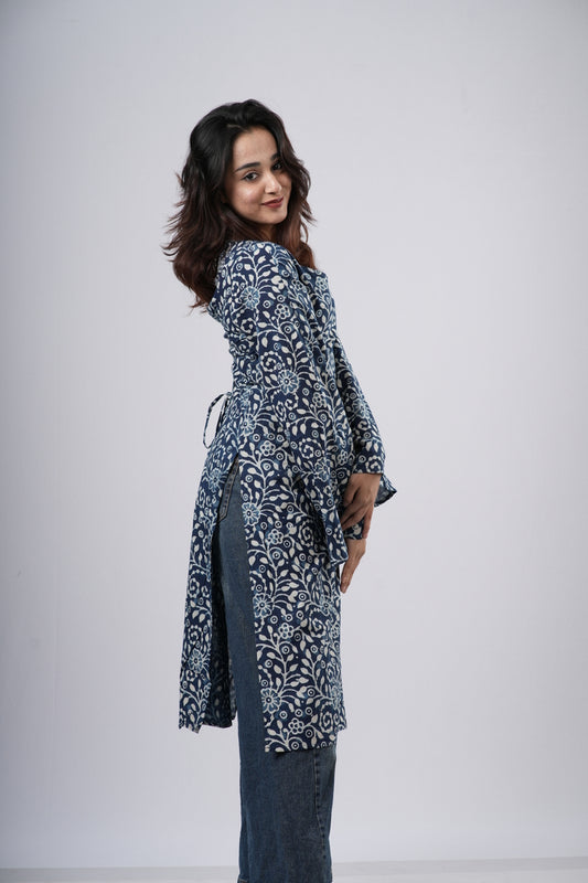 Women's Indigo Blue Floral Jaal Handblock Cotton Long Kurti