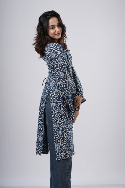 Women's Indigo Blue Floral Jaal Handblock Cotton Long Kurti
