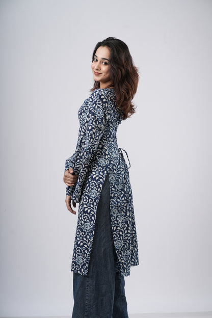 Women's Indigo Blue Floral Jaal Handblock Cotton Long Kurti