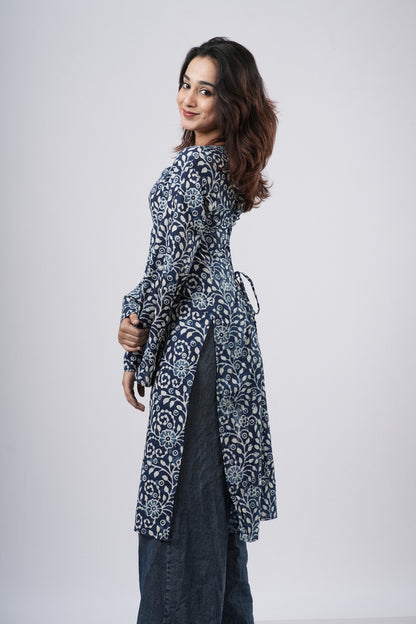 Women's Indigo Blue Floral Jaal Handblock Cotton Long Kurti