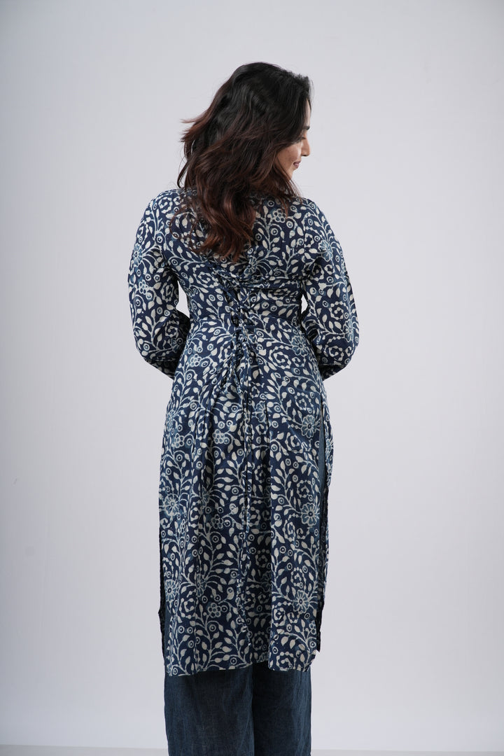 Women's Indigo Blue Floral Jaal Handblock Cotton Long Kurti