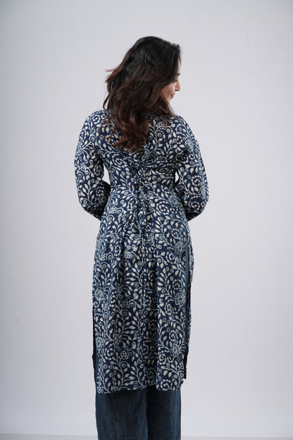 Women's Indigo Blue Floral Jaal Handblock Cotton Long Kurti