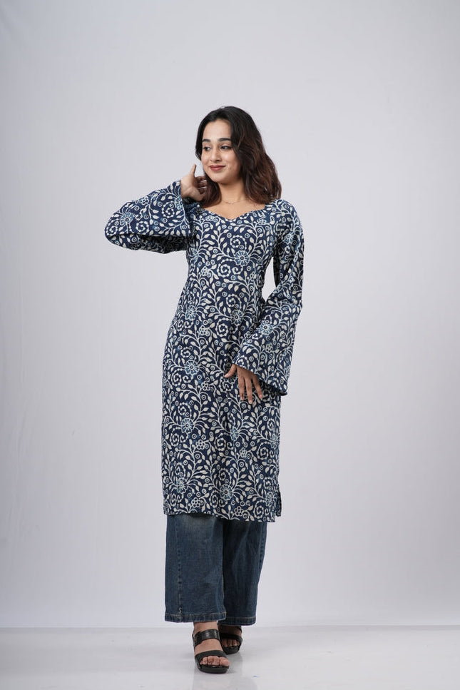 Women's Indigo Blue Floral Jaal Handblock Cotton Long Kurti