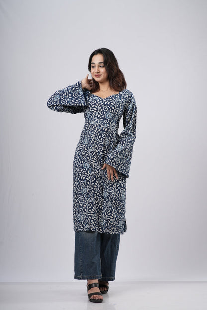 Women's Indigo Blue Floral Jaal Handblock Cotton Long Kurti