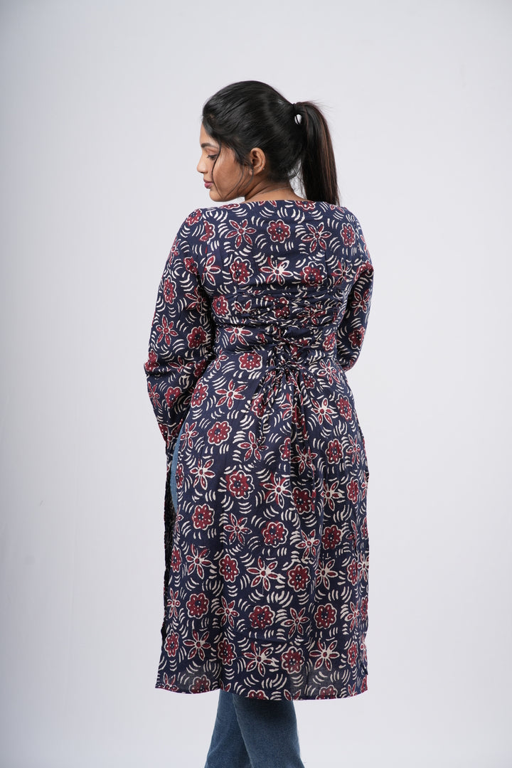 Women's Navy Blue & Red Floral Print Cotton Long Kurti