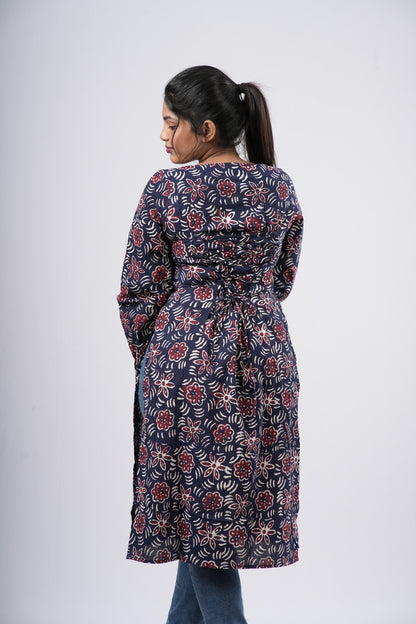 Women's Navy Blue & Red Floral Print Cotton Long Kurti