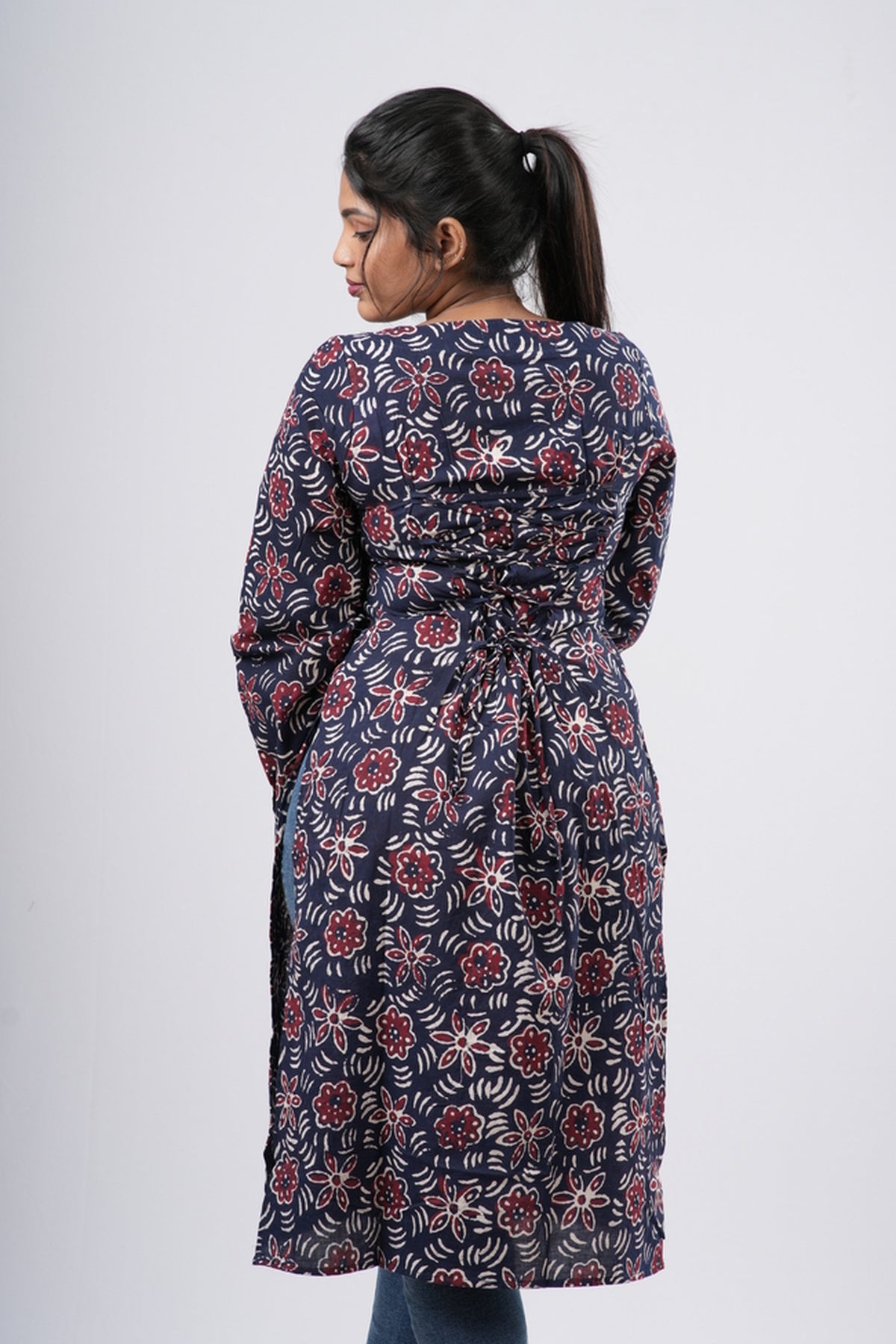 Women's Navy Blue & Red Floral Print Cotton Long Kurti