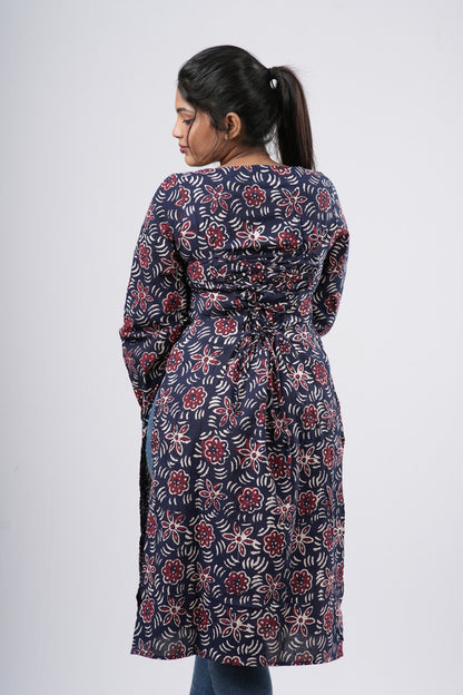 Women's Navy Blue & Red Floral Print Cotton Long Kurti