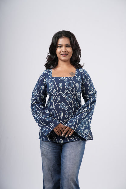 Women's Indigo Blue Floral Handblock Cotton Short Kurti