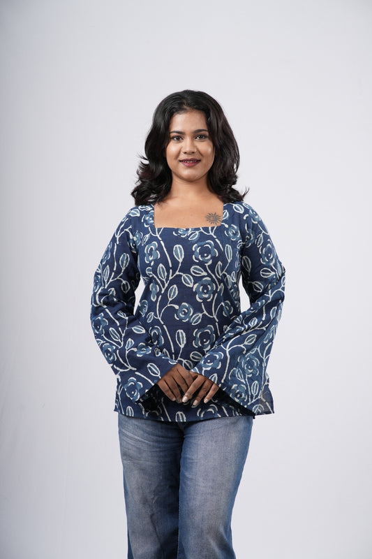 Women's Indigo Blue Floral Handblock Cotton Short Kurti