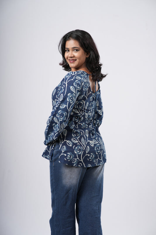 Women's Indigo Blue Floral Handblock Cotton Short Kurti