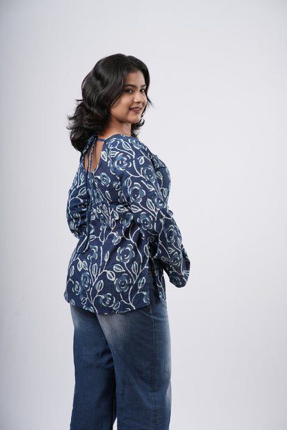 Women's Indigo Blue Floral Handblock Cotton Short Kurti