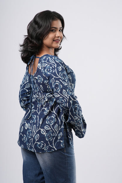Women's Indigo Blue Floral Handblock Cotton Short Kurti
