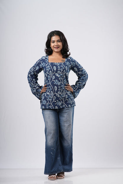 Women's Indigo Blue Floral Handblock Cotton Short Kurti