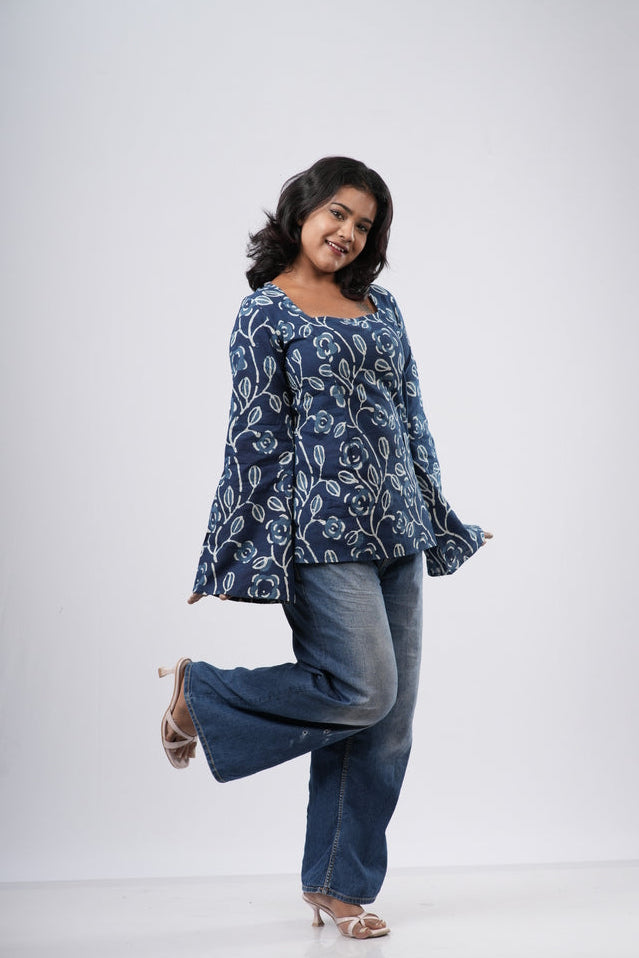 Women's Indigo Blue Floral Handblock Cotton Short Kurti