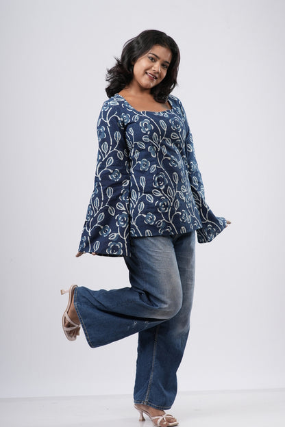 Women's Indigo Blue Floral Handblock Cotton Short Kurti