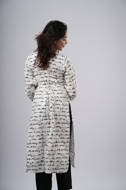 Women's Off-White & Black Geometric Cotton Long Kurti