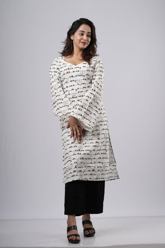 Women's Off-White & Black Geometric Cotton Long Kurti
