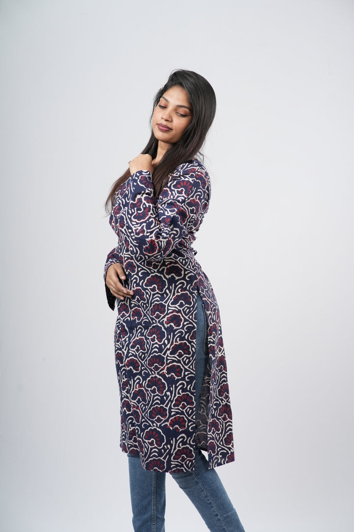 Women's Indigo Blue Floral Vine Print Cotton Long Kurti
