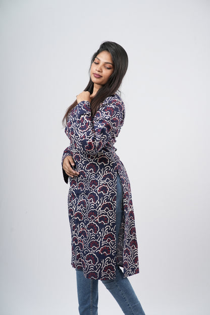 Women's Indigo Blue Floral Vine Print Cotton Long Kurti