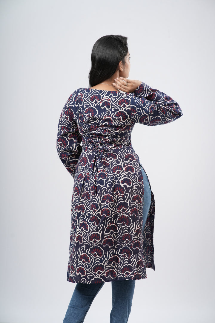 Women's Indigo Blue Floral Vine Print Cotton Long Kurti