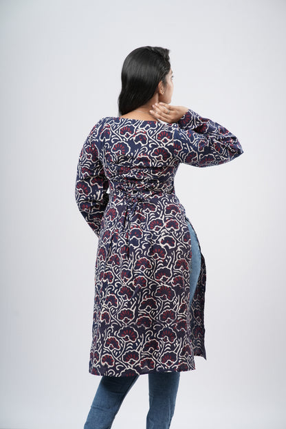 Women's Indigo Blue Floral Vine Print Cotton Long Kurti