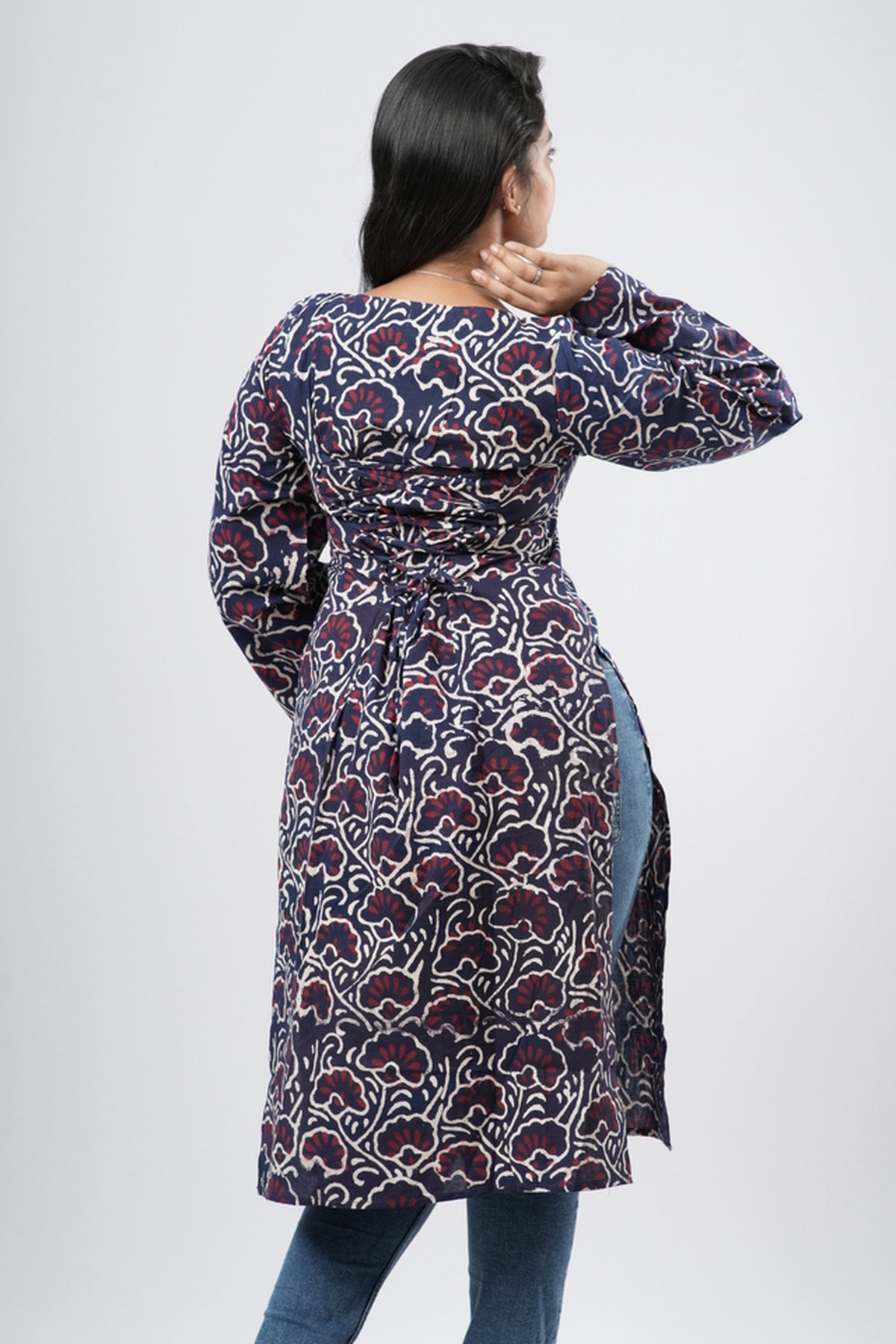 Women's Indigo Blue Floral Vine Print Cotton Long Kurti