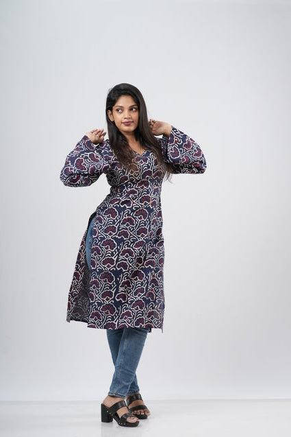 Women's Indigo Blue Floral Vine Print Cotton Long Kurti