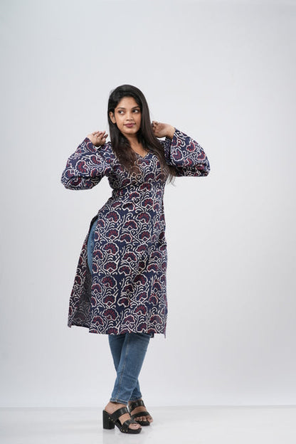 Women's Indigo Blue Floral Vine Print Cotton Long Kurti