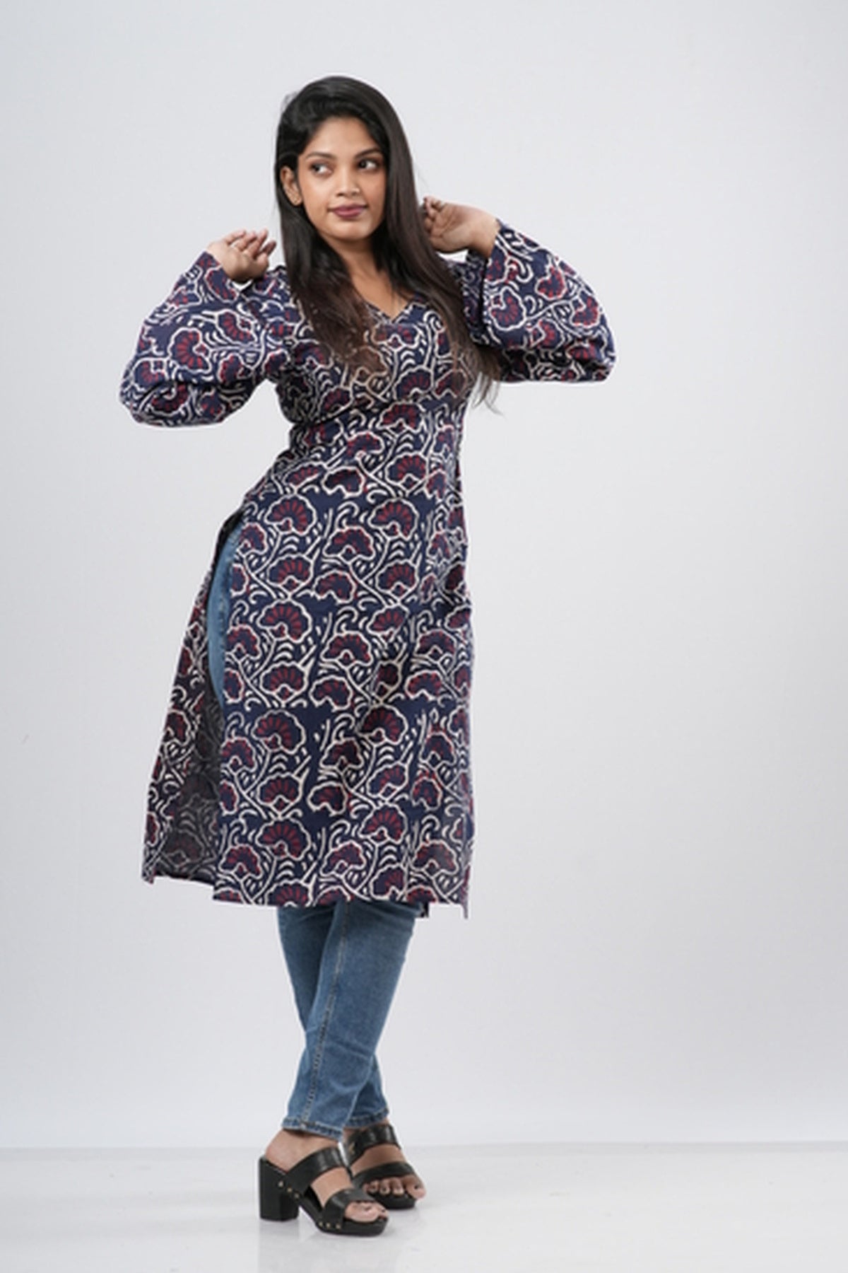 Women's Indigo Blue Floral Vine Print Cotton Long Kurti