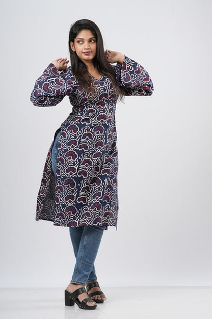 Women's Indigo Blue Floral Vine Print Cotton Long Kurti