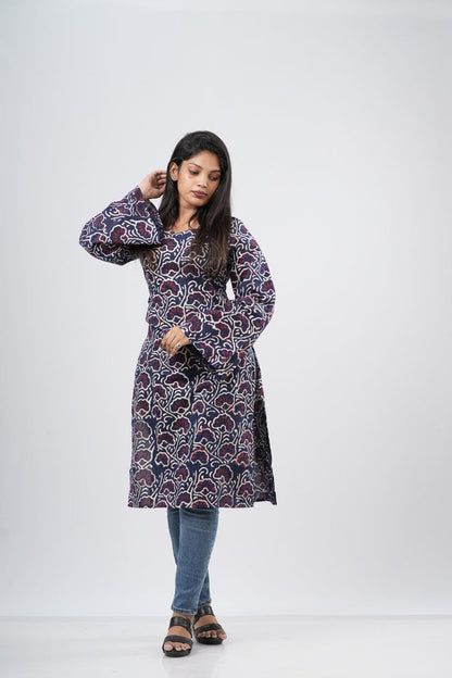 Women's Indigo Blue Floral Vine Print Cotton Long Kurti
